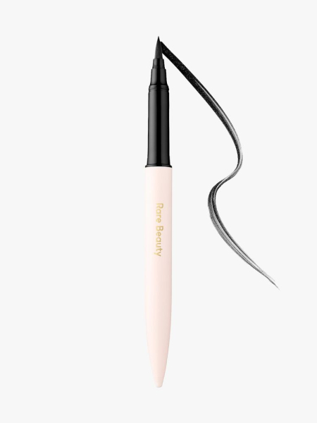 Rare Beauty Perfect Strokes Matte Liquid Liner light pink and black liquid eyeliner pen on light gray background